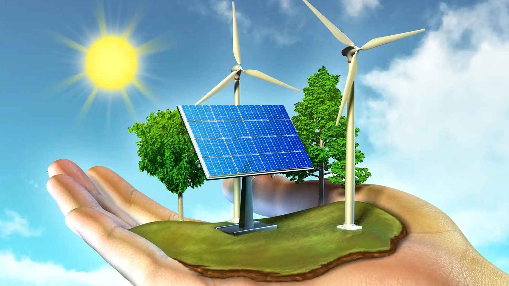 Mano sosteniendo molino eólico, panel solar y árboles